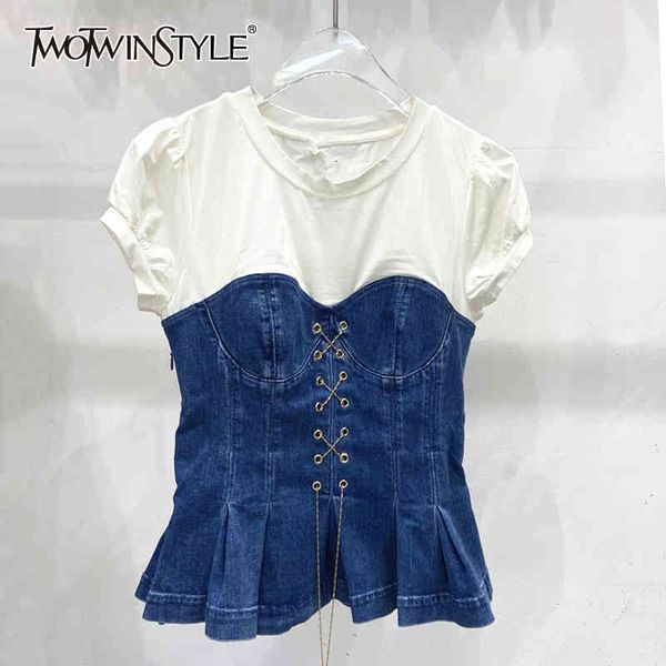 twowinsyle casual lace up patchwork denim shirt for women o neck short sleeve loose shirts females summer fashion 210524, White
twowinsyle casual lace up patchwork denim shirt for women o neck short sleeve loose shirts females summer fashion 210524, White