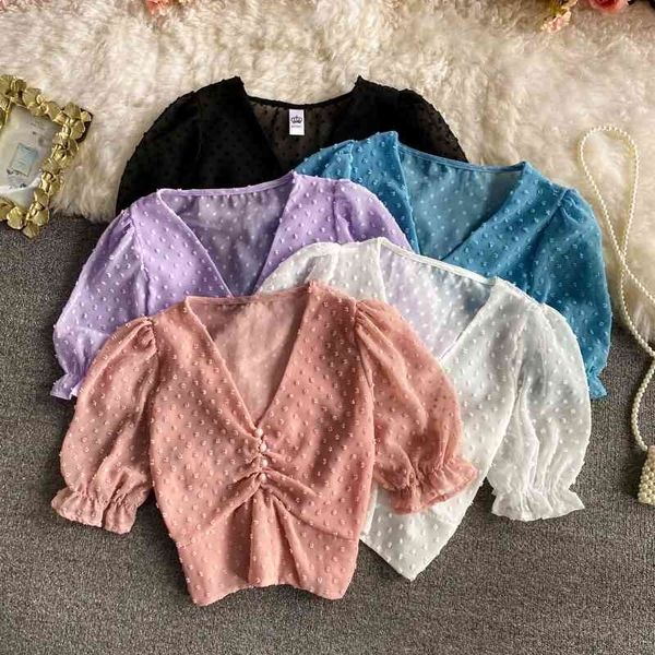 women's knits & tees summer folds v-neck slim short female sweet polka dot puff sleeve chiffon shirt womens and blouses h, White
women's knits & tees summer folds v-neck slim short female sweet polka dot puff sleeve chiffon shirt womens and blouses h, White