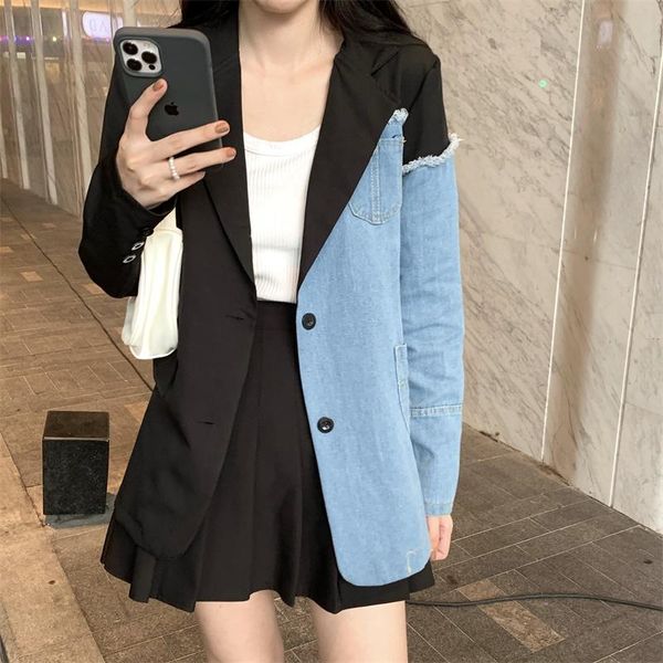 women's suits & blazers vintage denim patchwork casual suit coat for women notched long sleeve single breasted female 2021 fashion styl, White;black
women's suits & blazers vintage denim patchwork casual suit coat for women notched long sleeve single breasted female 2021 fashion styl, White;black