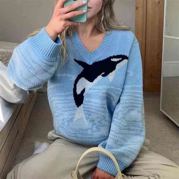 women's sweaters whale print v-neck pullover women blue loose casual knitted jumpers preppy style autumn winter warm chic kni, White;black
women's sweaters whale print v-neck pullover women blue loose casual knitted jumpers preppy style autumn winter warm chic kni, White;black