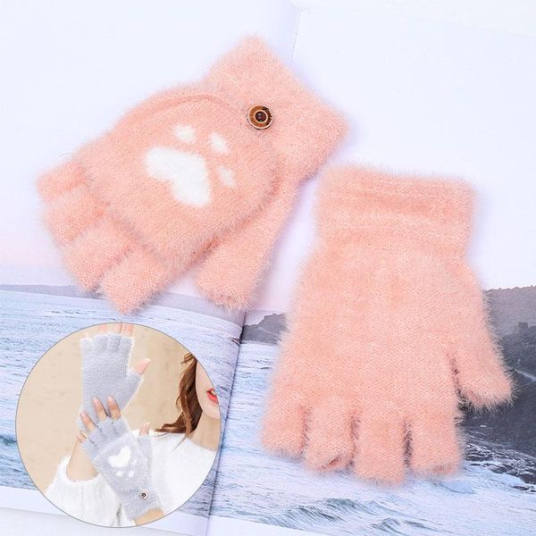 five fingers gloves women cute cat claw plush mittens warm soft girls flip cover half finger, Blue;gray