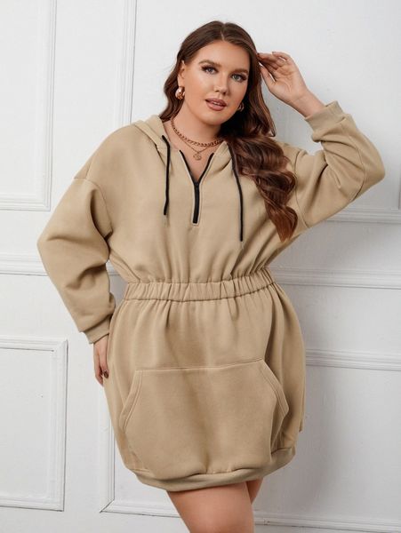 plus kangaroo pocket drop shoulder drawstring thermal hoodie dress 03qy#, Black