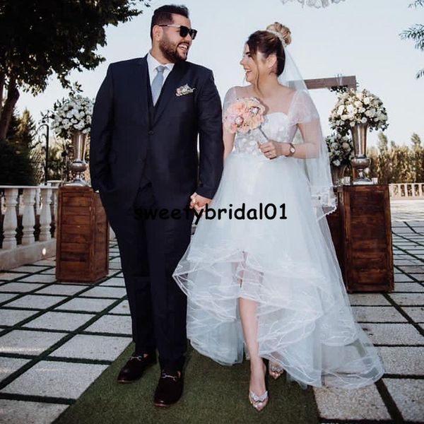 a line lace with appliques wedding dress with detachable train high-low arabic boho bridal dresses, White
a line lace with appliques wedding dress with detachable train high-low arabic boho bridal dresses, White