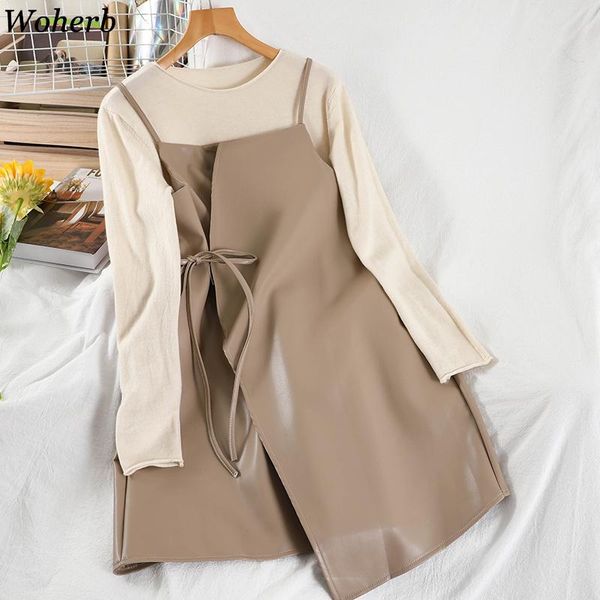 women's tracksuits woherb korean fashion temperament suit two piece outfits for women knit sweater pu leather skirt femme roupas 2 set, Gray 
women's tracksuits woherb korean fashion temperament suit two piece outfits for women knit sweater pu leather skirt femme roupas 2 set, Gray