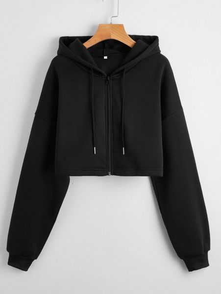 solid zip-up drawstring drop shoulder thermal lined crop hoodie i5xr#, White;black 
solid zip-up drawstring drop shoulder thermal lined crop hoodie i5xr#, White;black