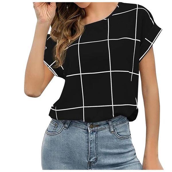 women's blouses & shirts womens and summer fashion blouse loose plaid print short sleeve o-neck blusas mujer de moda 2021, White
women's blouses & shirts womens and summer fashion blouse loose plaid print short sleeve o-neck blusas mujer de moda 2021, White
