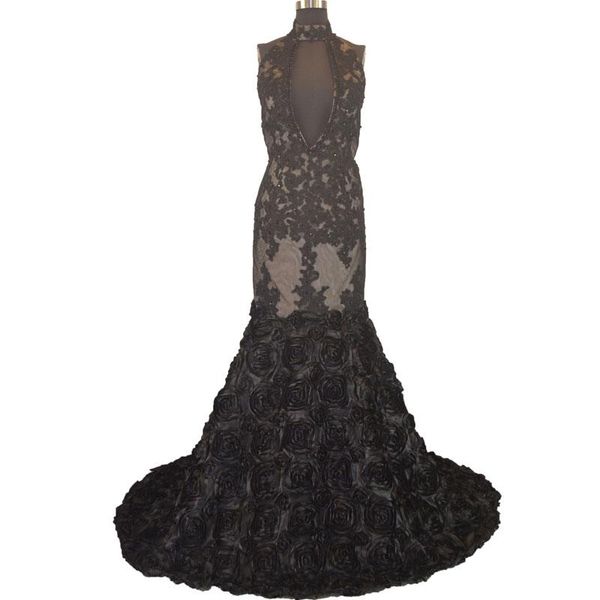 party dresses 3d rosette fabric mermaid champagne and black halter prom dress open back, White;black
party dresses 3d rosette fabric mermaid champagne and black halter prom dress open back, White;black