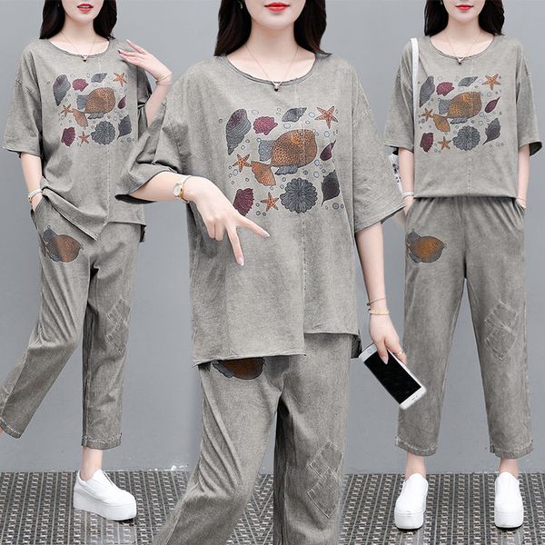 dress women's summer clothes 2021 skirts two lean pieces of manga short retro-printed t-shirt two-piece suit jeans, Black;gray