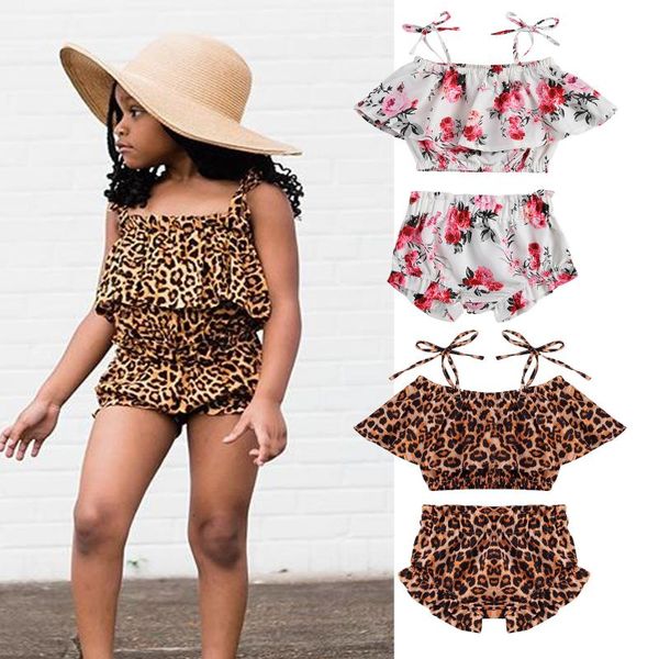 clothing sets 2021 summer baby girl 's two pieces set infant's off shoulder leopard/floral sling + ruffled shorts for toddlers 0-2, White 
clothing sets 2021 summer baby girl 's two pieces set infant's off shoulder leopard/floral sling + ruffled shorts for toddlers 0-2, White