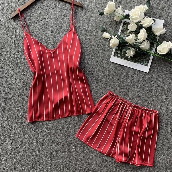 2 piece women sleepwear summer pajamas set stain silk and striped breathable cute short pants home wear, Black;red
2 piece women sleepwear summer pajamas set stain silk and striped breathable cute short pants home wear, Black;red