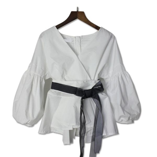 women's blouses & shirts 2021 autunm puff sleeve white blouse with belt women v neck woman shirt elegant stiped formal clothing fo
women's blouses & shirts 2021 autunm puff sleeve white blouse with belt women v neck woman shirt elegant stiped formal clothing fo