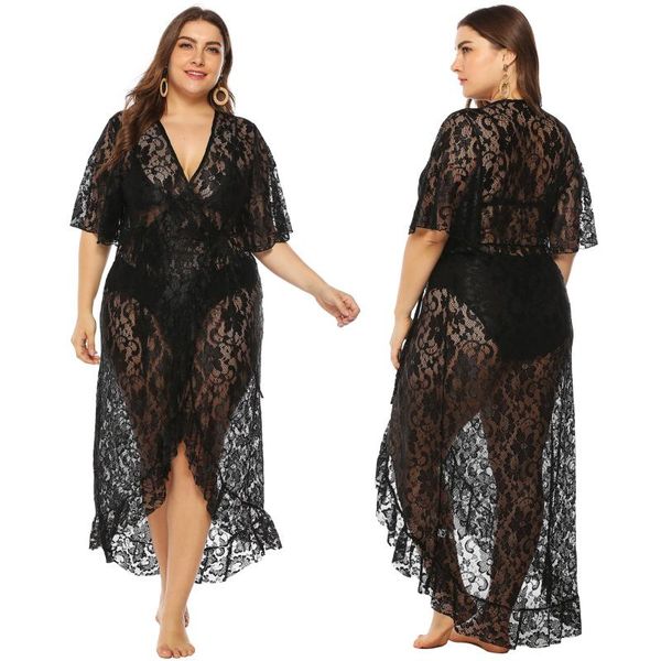 women's swimwear lace see through cardigan up short sleeve ruffled irregular deep v neck dress fashion loose casual dresses, White;black
women's swimwear lace see through cardigan up short sleeve ruffled irregular deep v neck dress fashion loose casual dresses, White;black