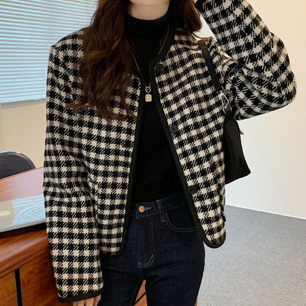women's jackets french plaid round neck long sleeve short coat spring and autumn 2021 korean version loose thin outer wear top, Black;brown
