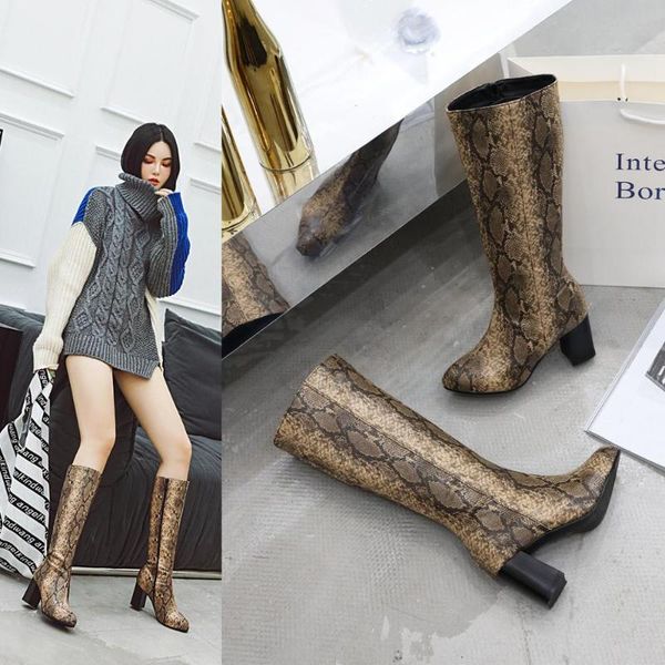 boots women shoes 2021 fashion snakeskin print pointed slip high heel lady party, Black