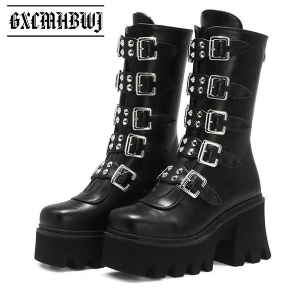 punk goth style women platform boots round toe buckle strap back zipper mid calf woman demonia for autumn winter, Black
punk goth style women platform boots round toe buckle strap back zipper mid calf woman demonia for autumn winter, Black