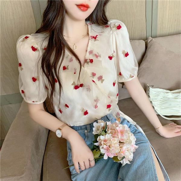 women's blouses & shirts rose embroidered shirt female design sense niche v collar bubble sleeves mesh screen fairy summer, White
women's blouses & shirts rose embroidered shirt female design sense niche v collar bubble sleeves mesh screen fairy summer, White