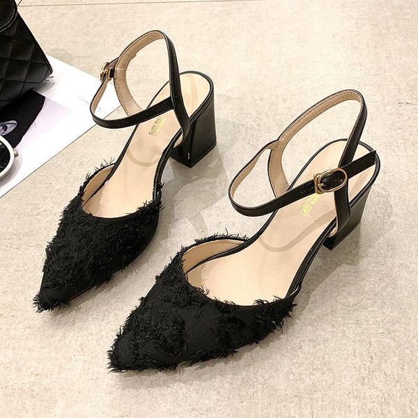 summer women sandals ladies ankle buckle thick heel femme ete shoes, Black
