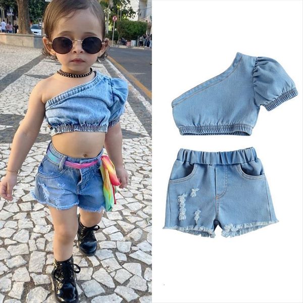 summer fashion girls two piece set kids single shoulder crop denim shorts with pockets outfits for children, White
summer fashion girls two piece set kids single shoulder crop denim shorts with pockets outfits for children, White
