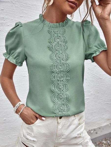 contrast lace mock neck blouse g5bu#, White
contrast lace mock neck blouse g5bu#, White