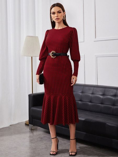 leg-of-mutton sleeve houndstooth mermaid dress without belt g5gt#, Black;gray
leg-of-mutton sleeve houndstooth mermaid dress without belt g5gt#, Black;gray
