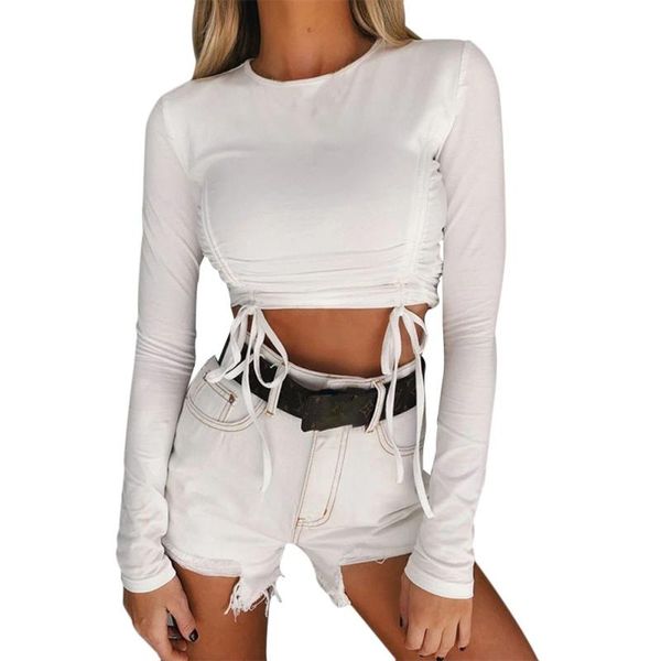women's t-shirt women short long sleeve base solid color tight drawstring, White
women's t-shirt women short long sleeve base solid color tight drawstring, White