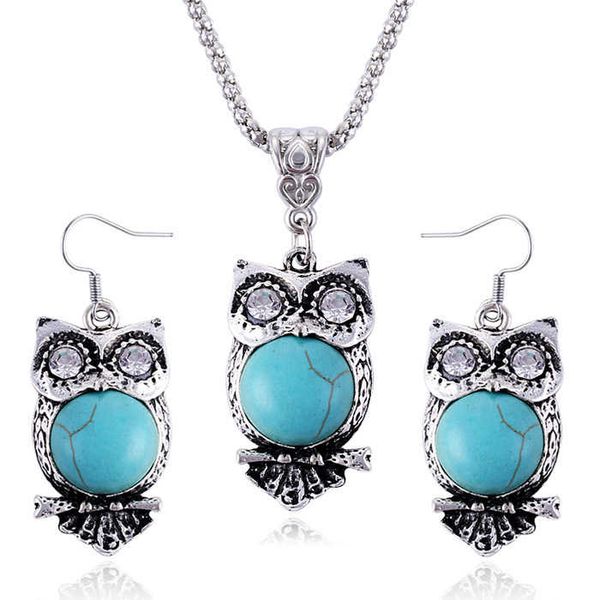

women's night owl tibetan silver turquoise earrings necklace set dmtqs016 fashion gift national style women diy jewelry sets