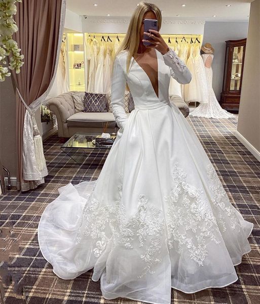 jewel long sleeves wedding dresses bridal gowns with pockets sweep train appliqued lace-up back satin a line bride dress, White
jewel long sleeves wedding dresses bridal gowns with pockets sweep train appliqued lace-up back satin a line bride dress, White
