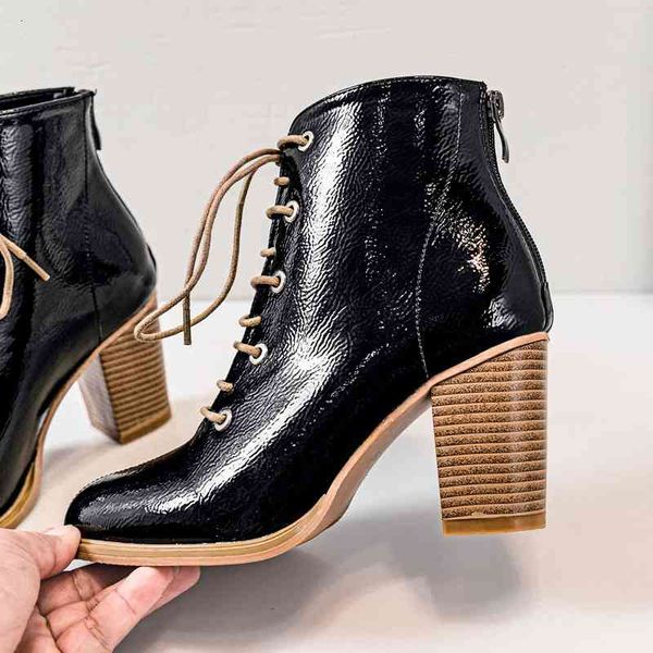 dress shoes brand lace-up patent leather women boots comfortable thick heeled autumn winter punk ankle high heels chunky ahd6, Black
dress shoes brand lace-up patent leather women boots comfortable thick heeled autumn winter punk ankle high heels chunky ahd6, Black