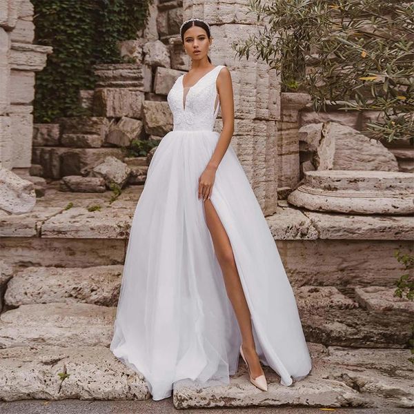 other wedding dresses elegant appliques lace long a-line v-neckline tulle high slit sleeveless bridal gowns princess vestido de novia, White
other wedding dresses elegant appliques lace long a-line v-neckline tulle high slit sleeveless bridal gowns princess vestido de novia, White
