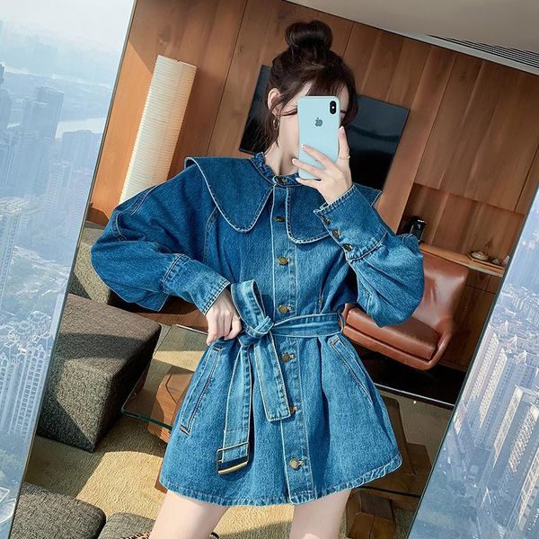 women's jackets autumn loose korean shirt sweet doll collar denim mid-length waist belted jacket, Black;brown
women's jackets autumn loose korean shirt sweet doll collar denim mid-length waist belted jacket, Black;brown