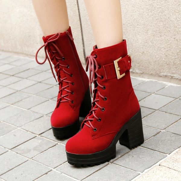ribetrini thick high heeled platform woman elegant round toe lace up shoes rubber sole buckle mid calf boots women t3m6, Black
ribetrini thick high heeled platform woman elegant round toe lace up shoes rubber sole buckle mid calf boots women t3m6, Black