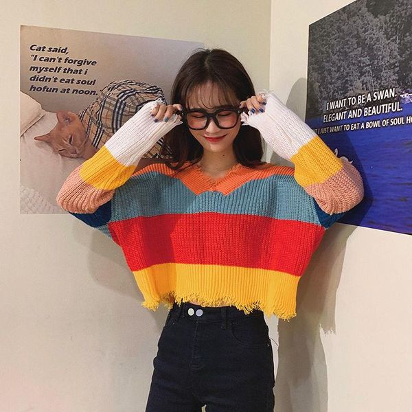 women's sweaters spring autumn korean loose college sweater rainbow contrast stripe knitted pullover tassel jumpers crop, White;black
women's sweaters spring autumn korean loose college sweater rainbow contrast stripe knitted pullover tassel jumpers crop, White;black