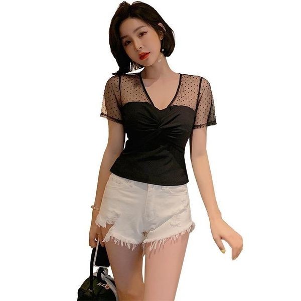 women's t-shirt summer mesh hollow slim black short-sleeved for women shirts fashion elegant, White
women's t-shirt summer mesh hollow slim black short-sleeved for women shirts fashion elegant, White