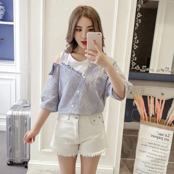 short sleeve women t shirt striped loose tee blue bar vermicelli 9060 women's t-shirt, White
short sleeve women t shirt striped loose tee blue bar vermicelli 9060 women's t-shirt, White