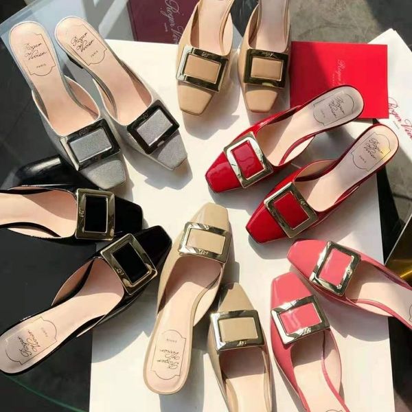 metal square buckle rv half slippers women's shallow mouth single shoes patent leather thick heel shoes covered cool slippers flat heel, Black
metal square buckle rv half slippers women's shallow mouth single shoes patent leather thick heel shoes covered cool slippers flat heel, Black