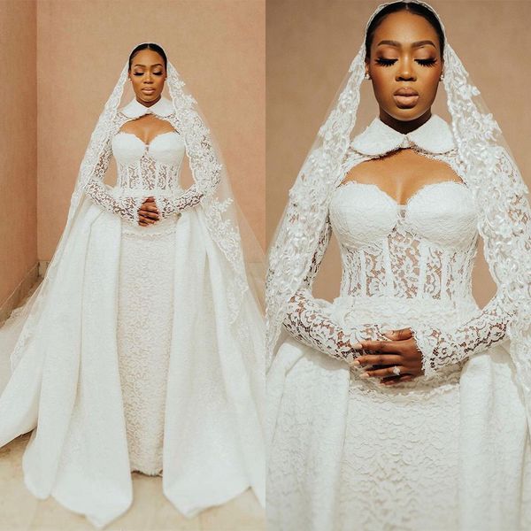 floral lace mermaid wedding dresses detachable train jewel neck illusion long sleeve bridal gowns robe de mariée veil, White
floral lace mermaid wedding dresses detachable train jewel neck illusion long sleeve bridal gowns robe de mariée veil, White