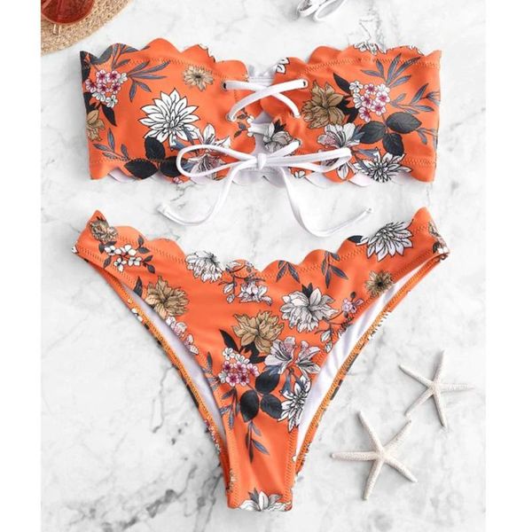 women's swimwear womens floral lace-up scalloped bandeau bikini set push-up swimsuit fashion leisure wild style early spring trend, White;black
women's swimwear womens floral lace-up scalloped bandeau bikini set push-up swimsuit fashion leisure wild style early spring trend, White;black