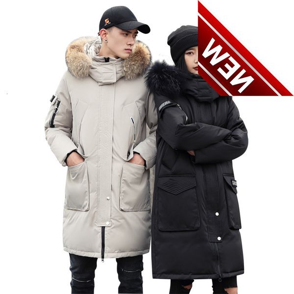 -30 winter couples white goose down jacket long warm thick mens boutique hooded fur collar trench coat parka, Black
-30 winter couples white goose down jacket long warm thick mens boutique hooded fur collar trench coat parka, Black