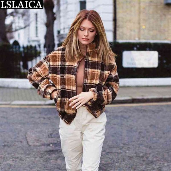 women jacket long sleeve plaid patchwork slim elegant coats and s streetwear lambswool zip casual 210515, Black;brown
women jacket long sleeve plaid patchwork slim elegant coats and s streetwear lambswool zip casual 210515, Black;brown