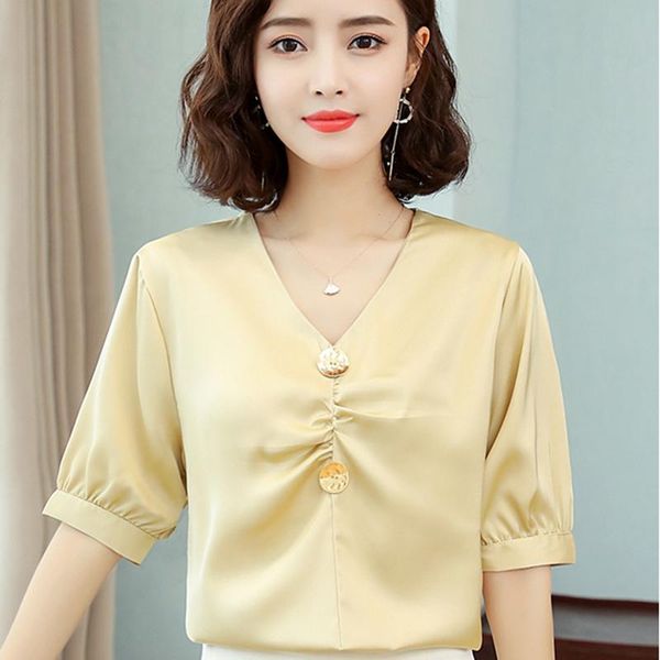 women's blouses & shirts women shirt blouse summer v-neck short sleeve button pleated chiffon elegant office ladies work clothes, White
women's blouses & shirts women shirt blouse summer v-neck short sleeve button pleated chiffon elegant office ladies work clothes, White