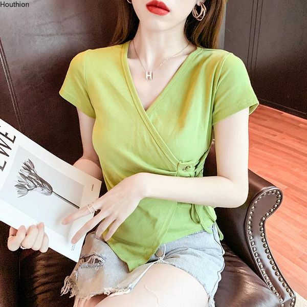 women's t-shirt solid color casual tees fashion t shirt splicing v-neck drawstring short sleeve summer houthion, White
women's t-shirt solid color casual tees fashion t shirt splicing v-neck drawstring short sleeve summer houthion, White