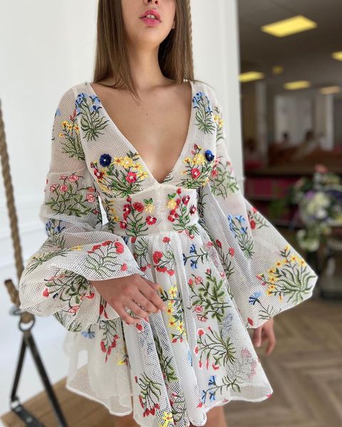 women's spring mesh floral embroidery v-neck dresses cute lantern sleeve mini dress, Black;gray
women's spring mesh floral embroidery v-neck dresses cute lantern sleeve mini dress, Black;gray