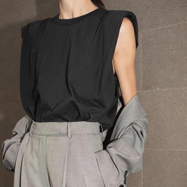 women's t-shirt fashion style women padded shoulder t-shirts sleeveless solid color round neck ladies casual pullover, White
women's t-shirt fashion style women padded shoulder t-shirts sleeveless solid color round neck ladies casual pullover, White