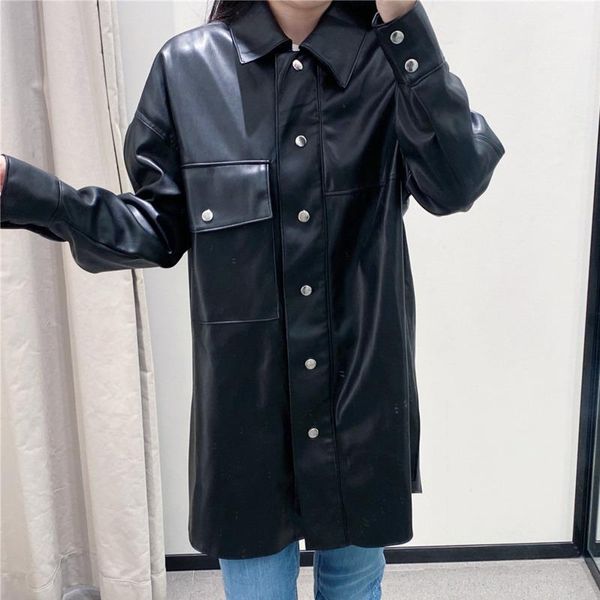 women's jackets wllwlp 2021 autumn lapel long sleeve loose leather coats black large pockets single breasted women a237, Black;brown
women's jackets wllwlp 2021 autumn lapel long sleeve loose leather coats black large pockets single breasted women a237, Black;brown