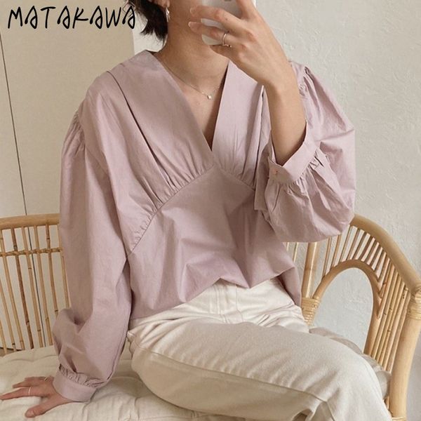 matakawa autumn temperament pink white v-neck women blouses pleated solid color ladies loose wild lantern sleeve blusas 210513
matakawa autumn temperament pink white v-neck women blouses pleated solid color ladies loose wild lantern sleeve blusas 210513
