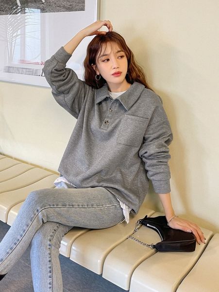 dazy polo neck patched pocket drop shoulder sweatshirt without tee a81b#, White;black
dazy polo neck patched pocket drop shoulder sweatshirt without tee a81b#, White;black