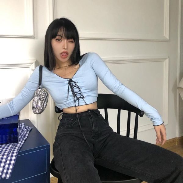 women's t-shirt trend women solid color autumn winter long sleeve v-shaped neck tie up crop slim casual tees 2021 fashion, White
women's t-shirt trend women solid color autumn winter long sleeve v-shaped neck tie up crop slim casual tees 2021 fashion, White