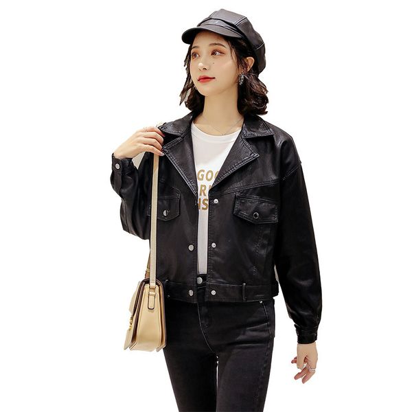 leather women's korean version of the spring and autumn short loose leather motorcycle jacket women, Black
leather women's korean version of the spring and autumn short loose leather motorcycle jacket women, Black