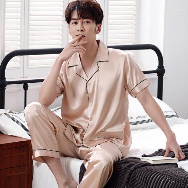 summer satin silk men pajamas set short sleeve long pants mens sleepwear loose soft plus size male nightwear men's clothing, Black;brown
summer satin silk men pajamas set short sleeve long pants mens sleepwear loose soft plus size male nightwear men's clothing, Black;brown