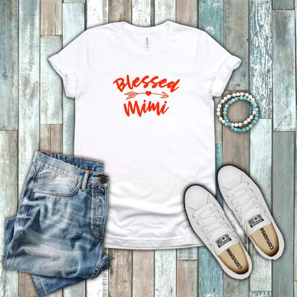 blessed mimi grandma love family gift red white cotton t-shirt, White;black